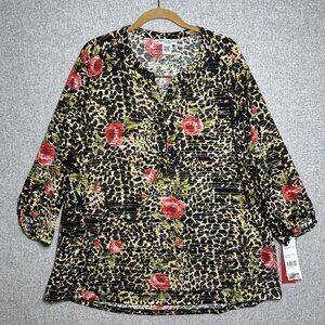 NWT Rebecca Malone 1X Top Blouse Animal Print Roses 3/4 Sleeve Lightweight